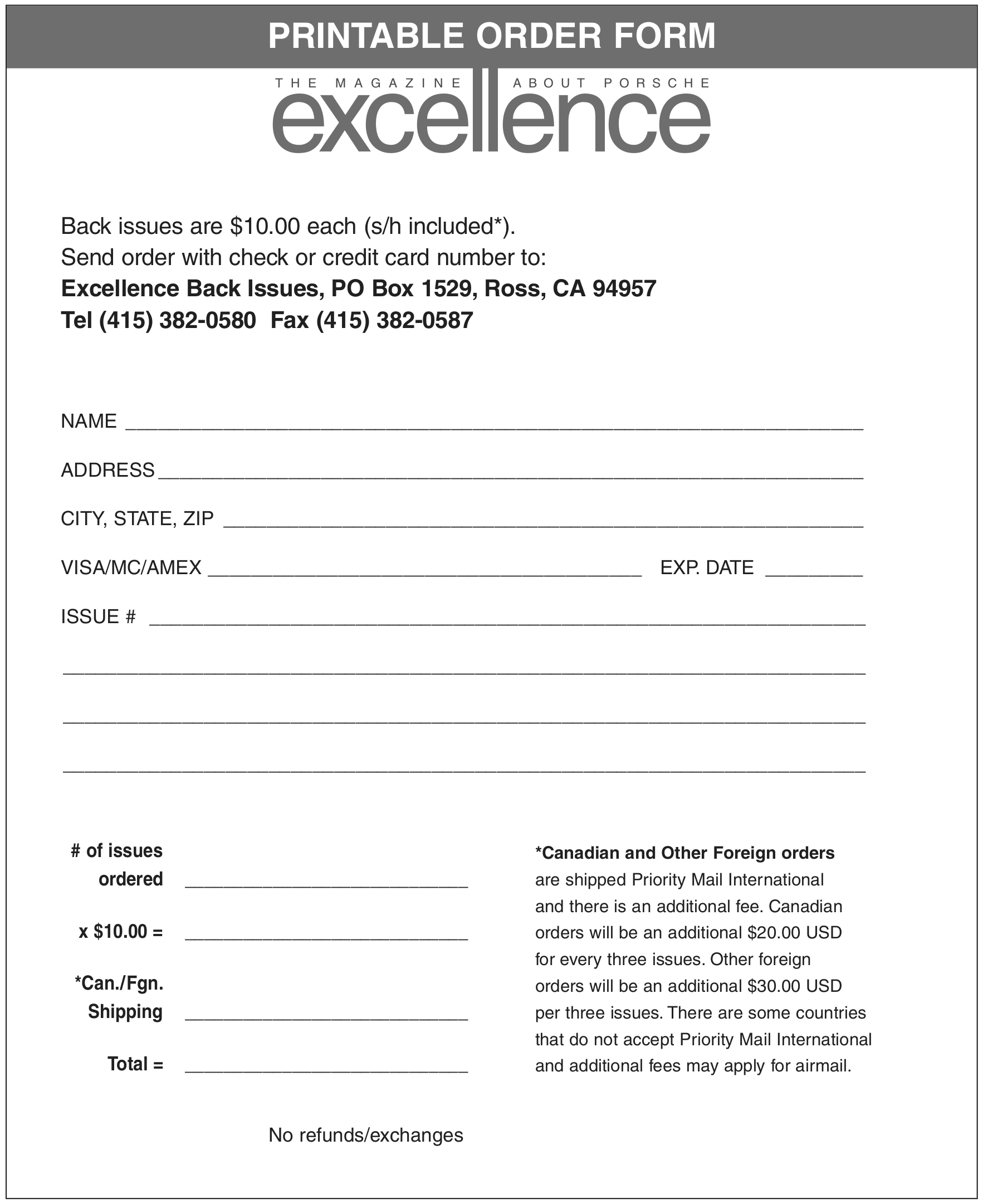 Excellence Back Issues Order Form