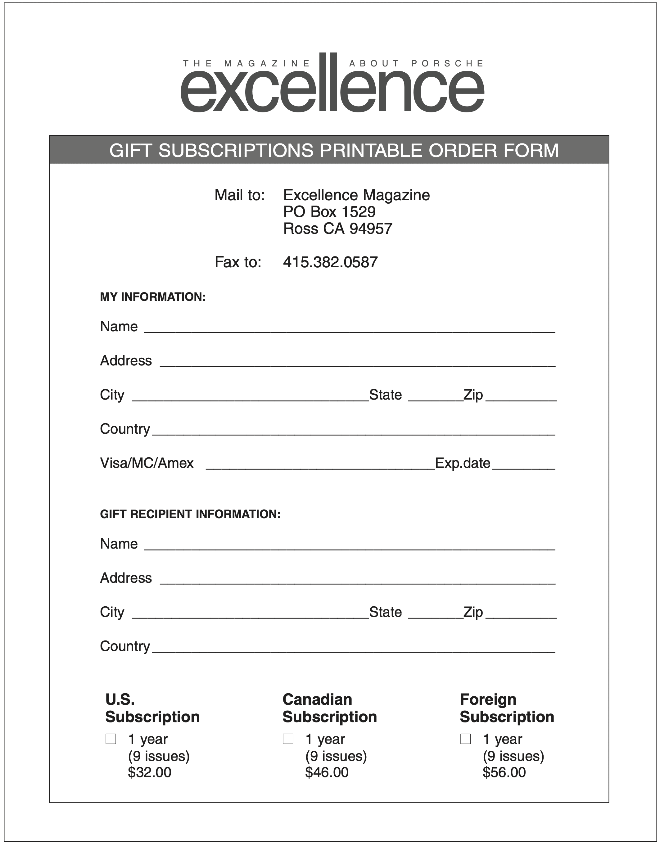 Excellence Gift Subscription Order Form