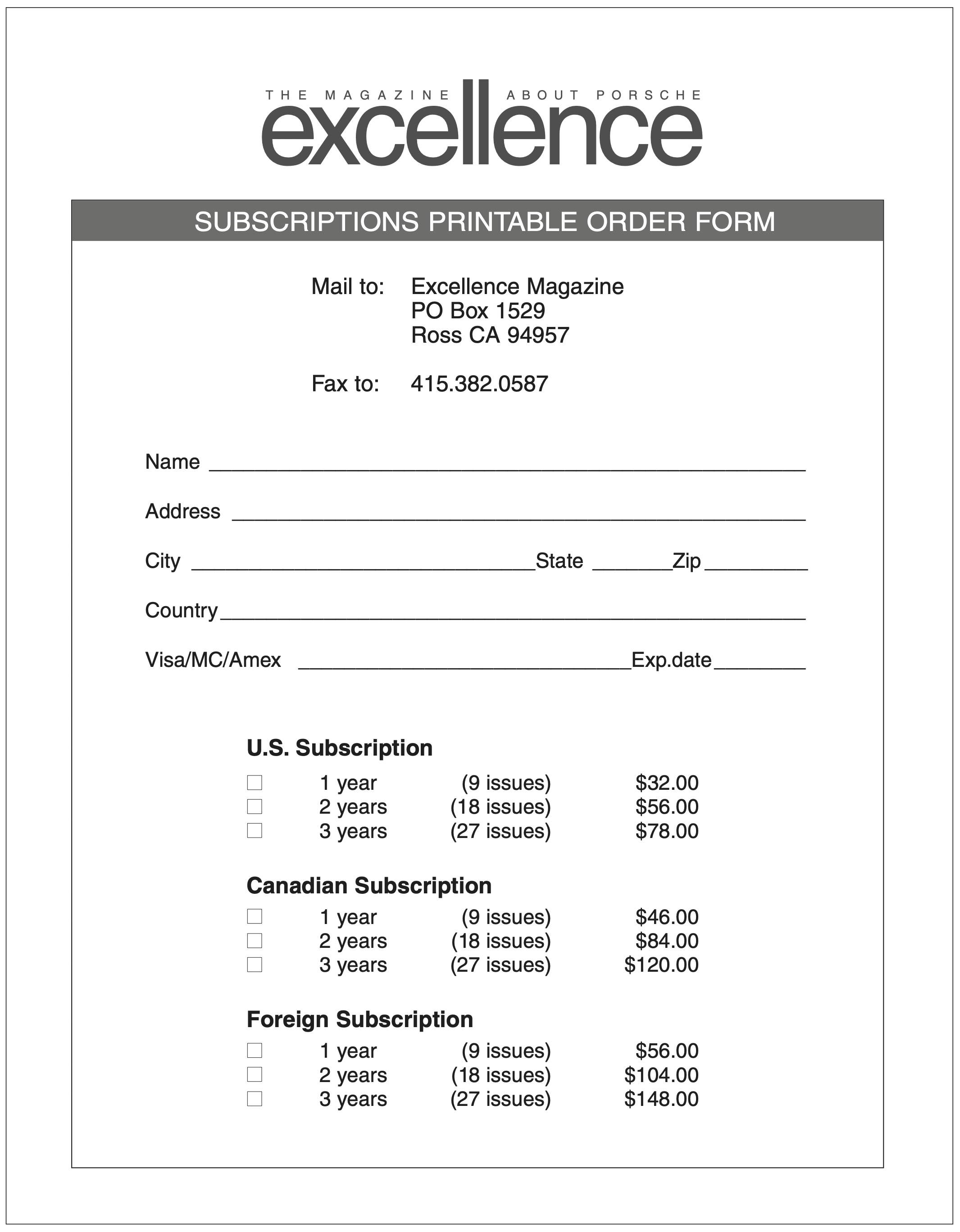 Excellence Subscription Order Form